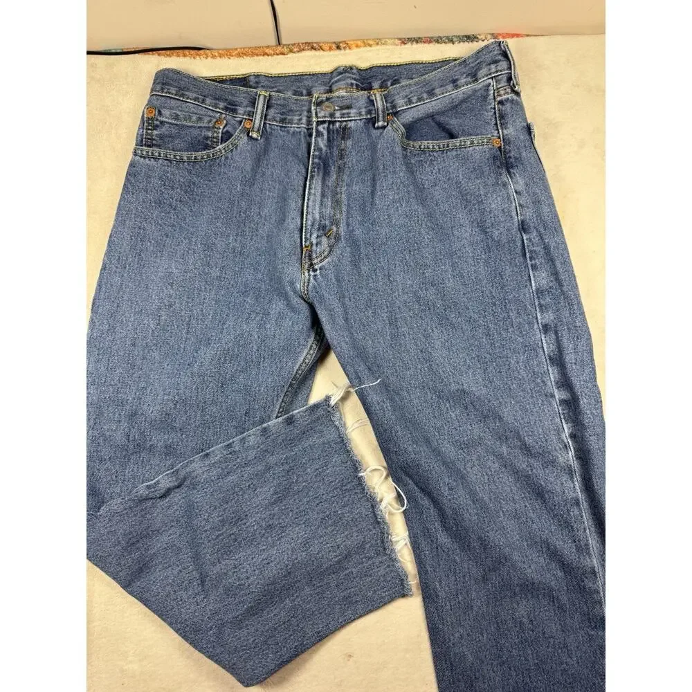 Levis 505 Mens Jeans 36x29 Regular Fit Straight Leg Blue Denim Raw Hem